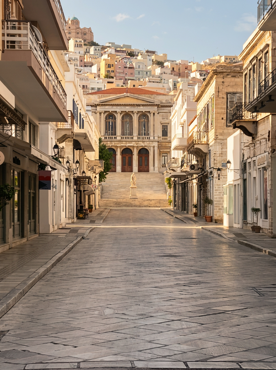 Historic marble street in Ermoupoli, Syros leading to the Town Hall